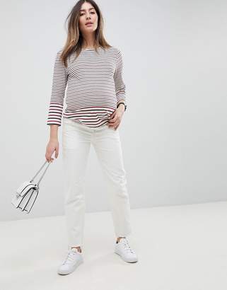 ASOS Maternity DESIGN Maternity Florence authentic straight leg jeans in white with contrast stitch with under the bump waistband