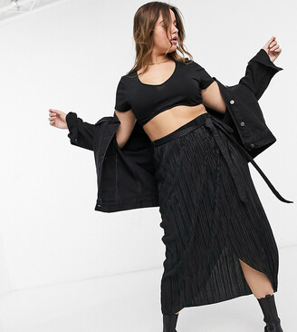 ASOS DESIGN Curve plisse wrap midi skirt with belt detail in black