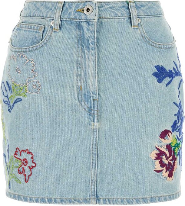 Kenzo Floral Embroidered Buttoned Denim Mini Skirt
