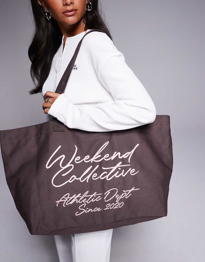 ASOS Weekend Collective Weekend Collective tote bag with scribble embroidery in chocolate