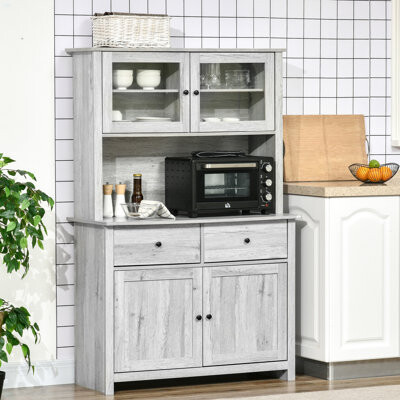 Gracie Oaks Kitchen Buffet With Hutch, Pantry Storage Cabinet With 4 Shelves, Drawers, Framed Glass Doors, Open Microwave Countertop