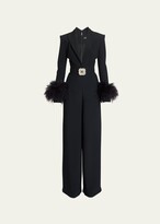 Woven Belted Jumpsuit with Feather 