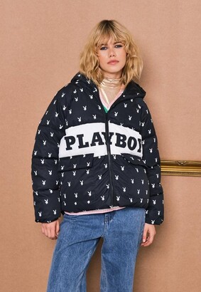 Missguided Playboy X Black Repeat Bunny Print Colorblock Puffer Jacket -  ShopStyle