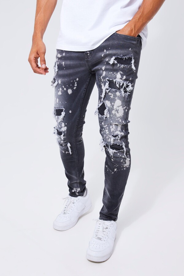 boohoo Mens Grey Skinny Stetch All Over Ripped Bleached Jeans