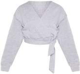 Thumbnail for your product : PrettyLittleThing Grey Plunge Wrap Tie Crop Sweater