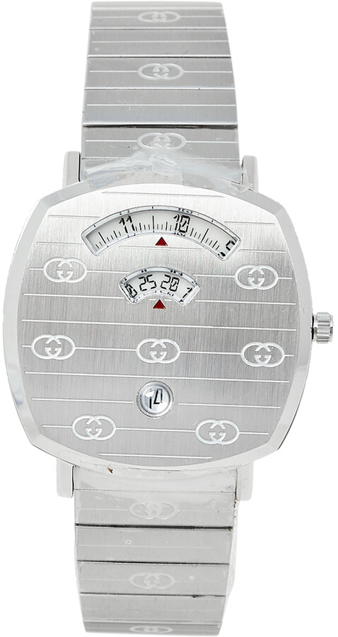 GUCCI Grip 38MM QTZ SS Silver Dial GG-Engraved Unisex Watch YA157410