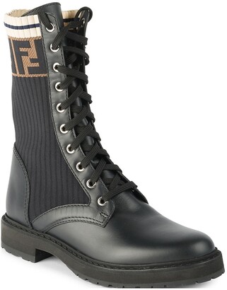 Fendi Rockoko Leather & Knit Combat Boots
