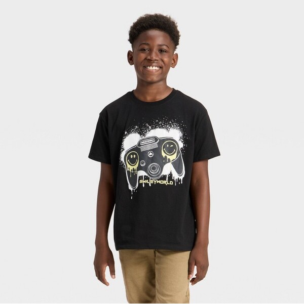 Smiley World Boys'SmileyWorldGamingShortSleeveFrontandBackGraphicT-Shirt-BlackS