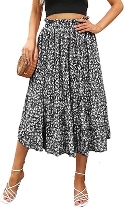 Naggoo Women's Skirts High Elastic Waist Casual Skirt Pleated Floral/Solid Long Skirts with Pockets