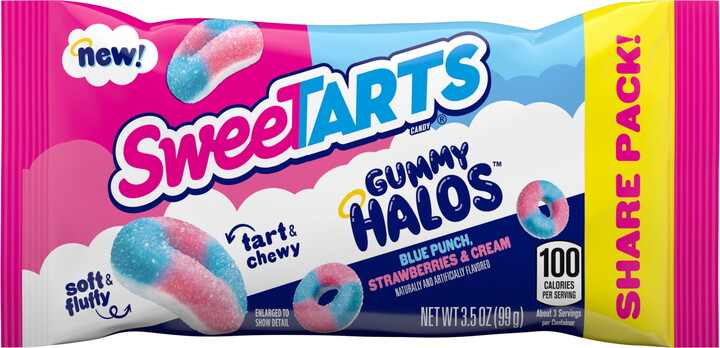 SweeTARTS Gummy Halos, Candy, Blue Punch and Strawberries and Cream, Tart and Chewy, Soft and Fluffy, 3.5 oz