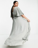 Thumbnail for your product : ASOS Curve ASOS DESIGN Curve Bridesmaid pleated flutter sleeve maxi dress with satin wrap waist in olive