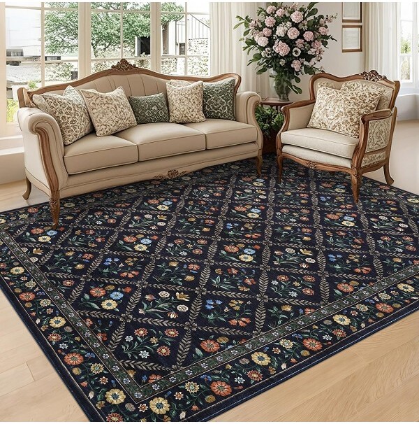 Coolmee LargeAreaRugs10x13WashableRugforSpringFarmhouseFloralCarpetNavy&BlackSoftNonSlipLowPileFauxWoolStainResistantforBedroom
