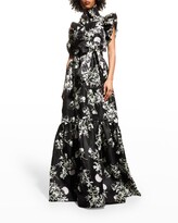 Floral-Print One-Shoulder Ruffle Gown 