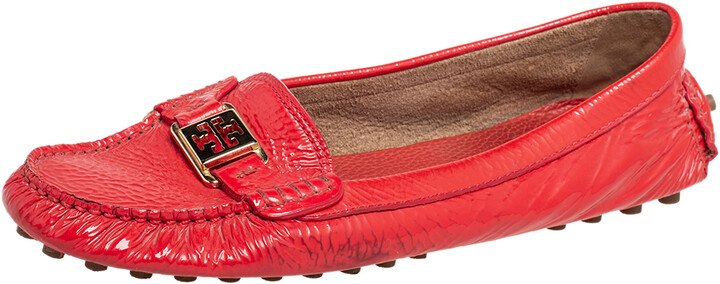 Tory Burch Red Crinkled Patent Leather Driving Loafers Size 40 - ShopStyle