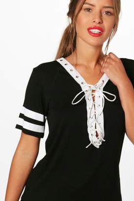 boohoo Petite Lace Up Stripe Sleeve T-shirt