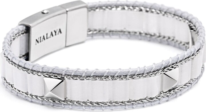 Nialaya White / Silver White Jade Stud Bracelet