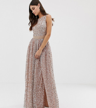 maya delicate sequin bodice maxi dress with cross back bow detail in bluebell