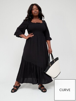 V By Very Curve Three Quarter Sleeve Square Neck Shirred Maxi Dress - Black