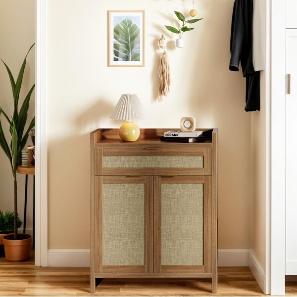 WhizMax ShoeCabinetWoodenStorageCabinetwithDoorsandDrawerRattanBuffetCabinetSideboardwithAdjustableShelf