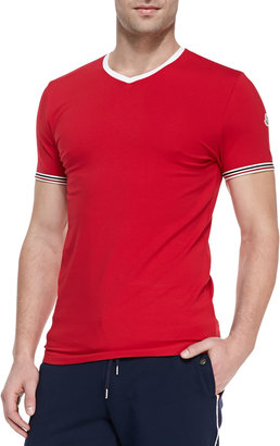 Moncler Tipped V-Neck Tee, Red