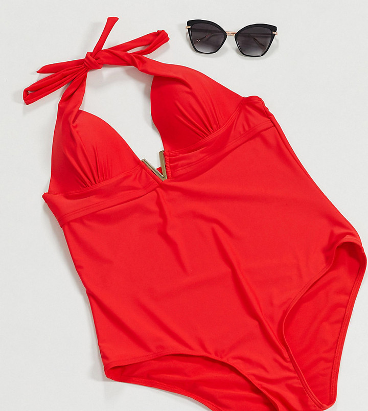 New Look Plus New Look Curve Shapewear push & sculpt halterneck swimsuit in red ShopStyle