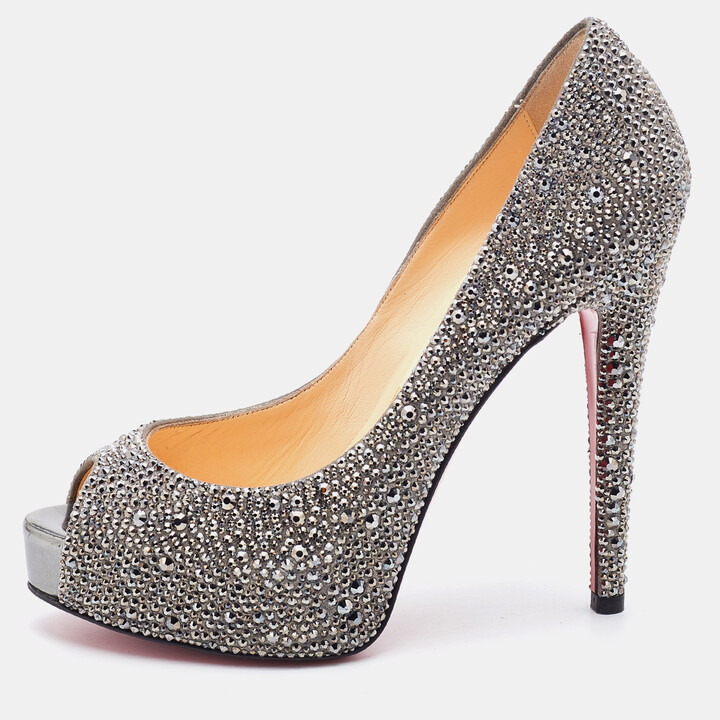 Christian Louboutin Beige Crystal Embellished Mesh and Suede Very Strass  Peep Toe Pumps Size 38.5 Christian Louboutin