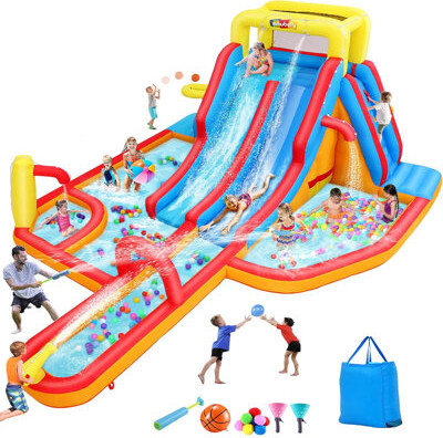 Homdox 17.8' X 13.8' Giant Inflatable Water Slide Park, Large Waterslide Bounce House With Extra Long Slides, Splash Pool, Kiddie Pool For Kids Backyard Wate