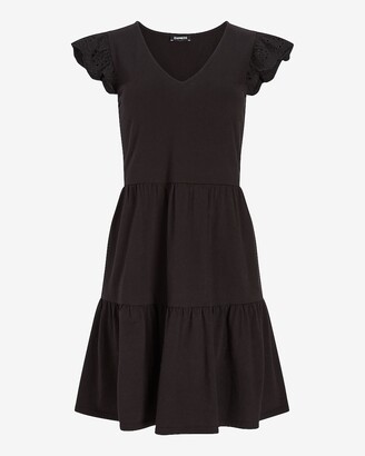 Express Eyelet Lace Sleeve Tiered T-Shirt Dress