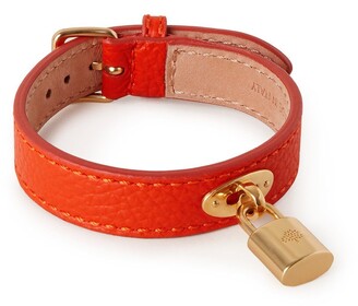 Mulberry Padlock Leather Bracelet Coral Orange Small Classic Grain and Stainless Steel
