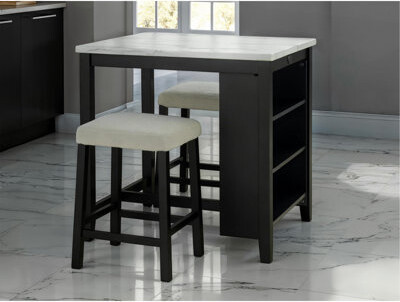 Latitude Run Dining Room Transitional 3Pc Dining Set Gloss Table Top W Storage Shelves Side 2X Stools Black Ivory White