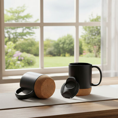Latitude Run 15Oz Ceramic Coffee Mug Set (2 Pieces) With Cork Base, Splash-Proof Lid, And Handle. Large Capacity. Suitable For Tea, Latte, And Other Beverages.