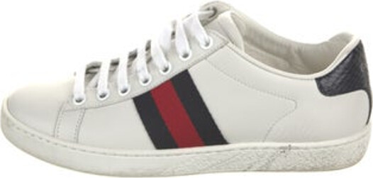 Gucci Leather Low Top Sneakers White Colorblock Pattern Web Accent Round-Toes Lace-Up Closure at Uppers Includes Box Designer