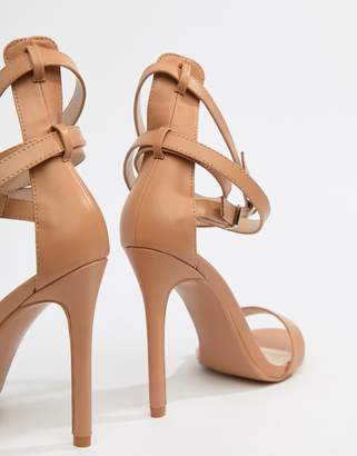 PrettyLittleThing ankle wrap detail barely there heeled sandals in nude