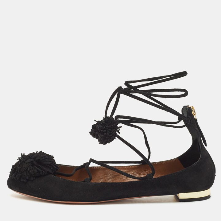Aquazzura Black Suede Sunshine Ankle Tie Flats