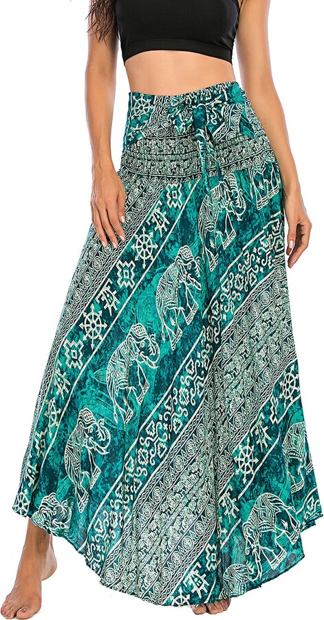 Aivtalk Women Bohemian Long Skirts Loose Gypsy Wrap Sundress Hippie Style  Big Swing Skirt Hippie Skirt Green 3 - ShopStyle