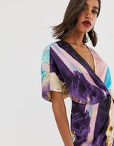 asos design satin kimono midi dress with knot front and asymmetric sleeve