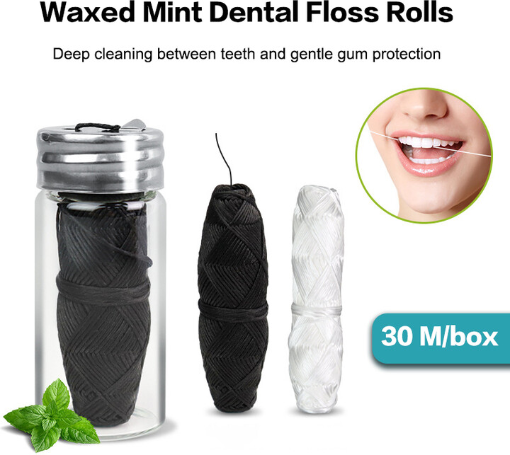 NONE 30m Vegan Biodegradable Bamboo Charcoal Dental Floss With Refillable Glass Holder Mint Flavored Tiny Floss & apos;