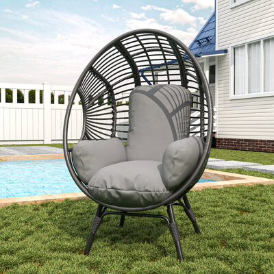 East Urban Home Elegant Arc Back Hanging Egg Chair 400lb Capacity Patio Swing with 8-Inch Cushion PE Rattan Outdoor Indoor Chair for Garden Lounge