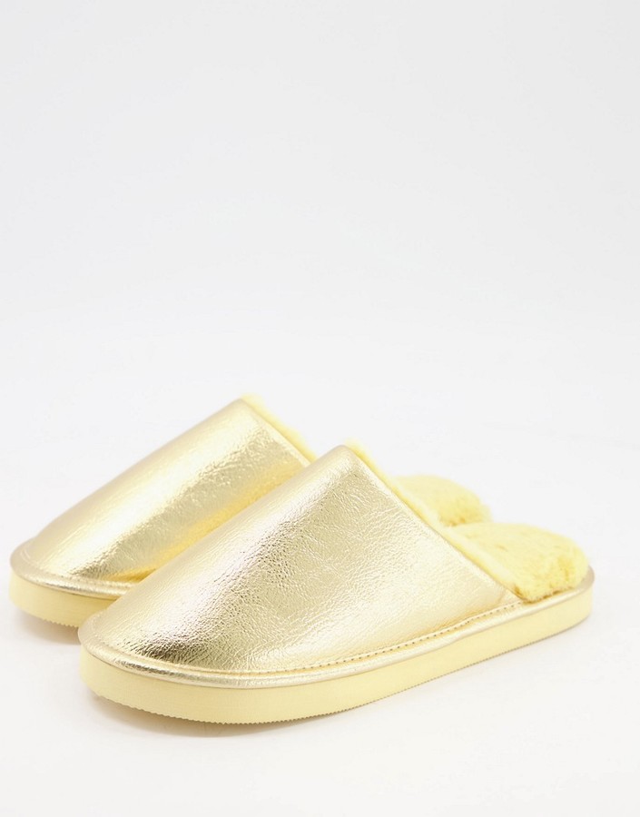 Monki Mule faux fur slippers in gold - ShopStyle