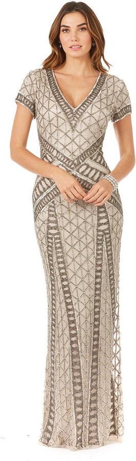 Lara Women's Beaded V-Neckline Dress with Cap Sleeves