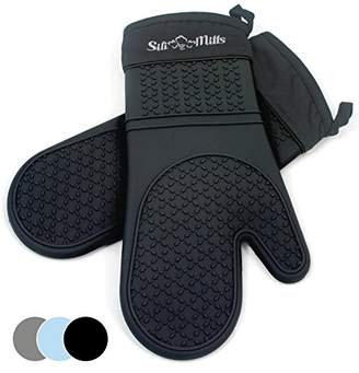 Black Silicone Oven Hot Mitts - 1 Pair of Extra Long Professional Heat Resistant Pot Holder & Baking Gloves - Food Safe