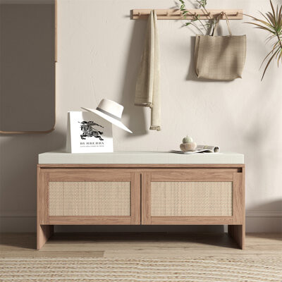 PP Rattan Storage Bench with Cushion and Shoe Storage Cabinet, Natural Finish Mid-Century Modern Entryway Seat for Bedroom, Hallway, and Mudroom Use