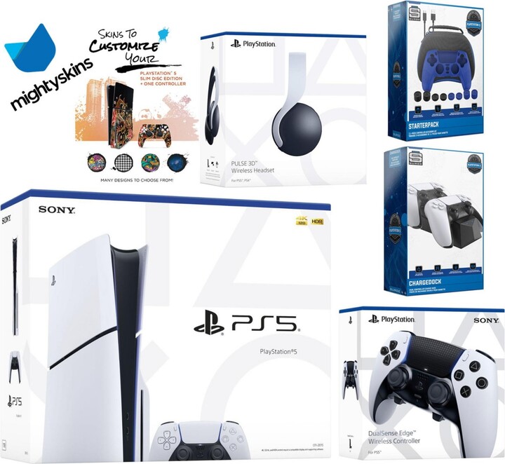 Sony Playstation 5 Slim Disc Bundle with White Pulse Headset, Extra Edge Controller, Pro Gamer Kit, Dual Charge Dock and MightySkins Decal Voucher - W