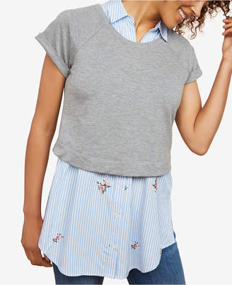 Motherhood Short Sleeve Lift-Up Double Opening Embroidered Nursing Shirt