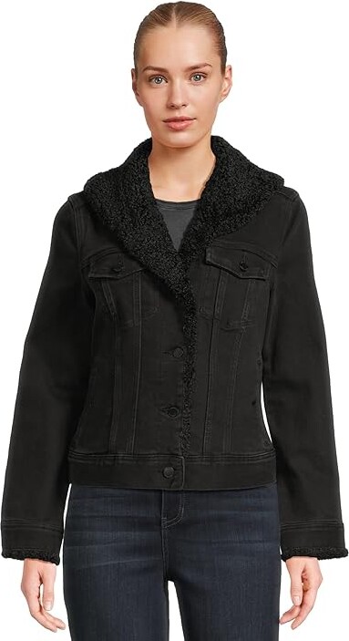 Liverpool Los Angeles Sherpa Collar Stretch Denim Trucker Jacket Women's Jacket Luna Black : LG, Cotton/Denim/Down