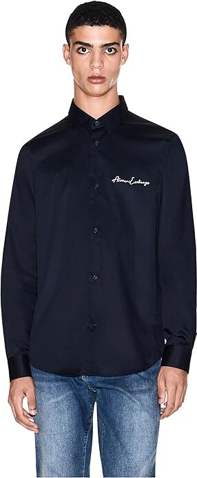 Armani Exchange Script Logo Button Down Men's T Shirt Deep Navy : LG, Cotton/Elastane
