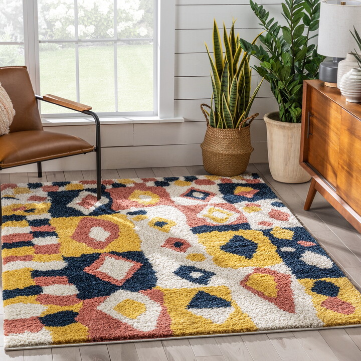 Well Woven Gigi Kix Modern Kids Shag Abstract Ivory Blue Thick 2'3" x 7'3" Runner Rug