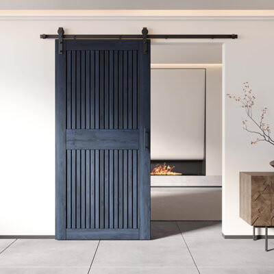 Homacer Navy 42in x 84in Unassembled & Finished Vertical Stripe Design Barn Door with Non-Bypass Installation Hardware Kit 7.5ft track interior use