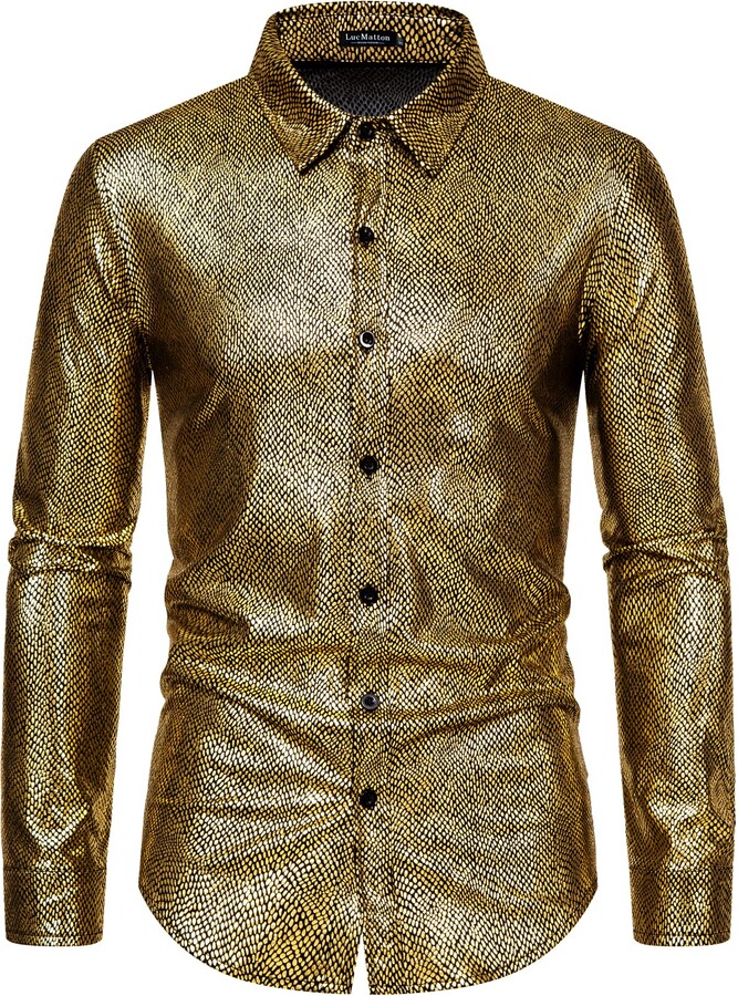 LucMatton Men's Shiny Metallic 70s Disco Costume Long Sleeve Button up ...