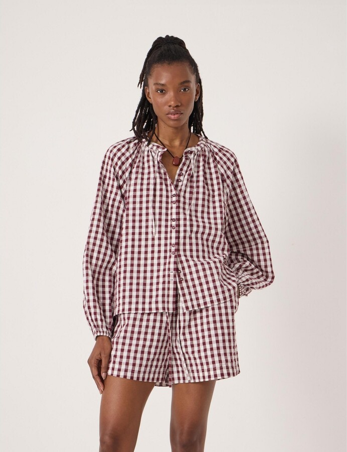 Hush Women's Elsa Gathered Gingham Beach Shirt - Maroon red white